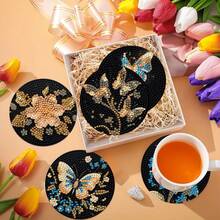 8件套花蝶DIY钻石画杯垫套装，圆形亮面钻石，强力背胶，工具齐全，适合初学者，减压手工，新年、情人节、圣诞节、教师节礼物，家居装饰桌面杯垫，送给家人、朋友、老师 - 彩色 - 查看 4