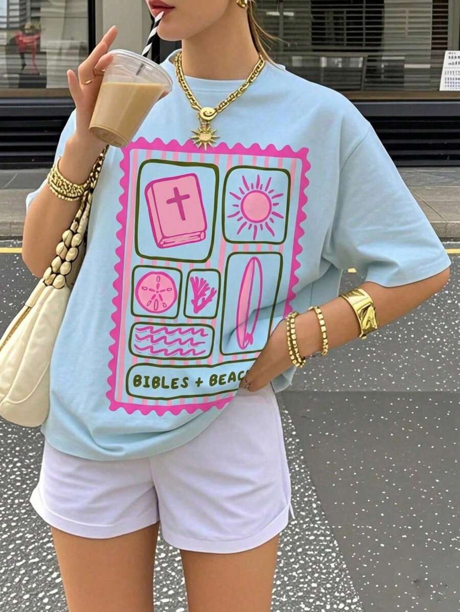 Blusa de mujer "BIBLIAS + PLAYA" con estampado de cuadros rosas y verdes, de ajuste holgado, suave y transpirable, estilo dulce de chica americana con manga corta, adecuada para el verano, vacaciones en la playa, visitas a la iglesia y salir con amigos de forma casual