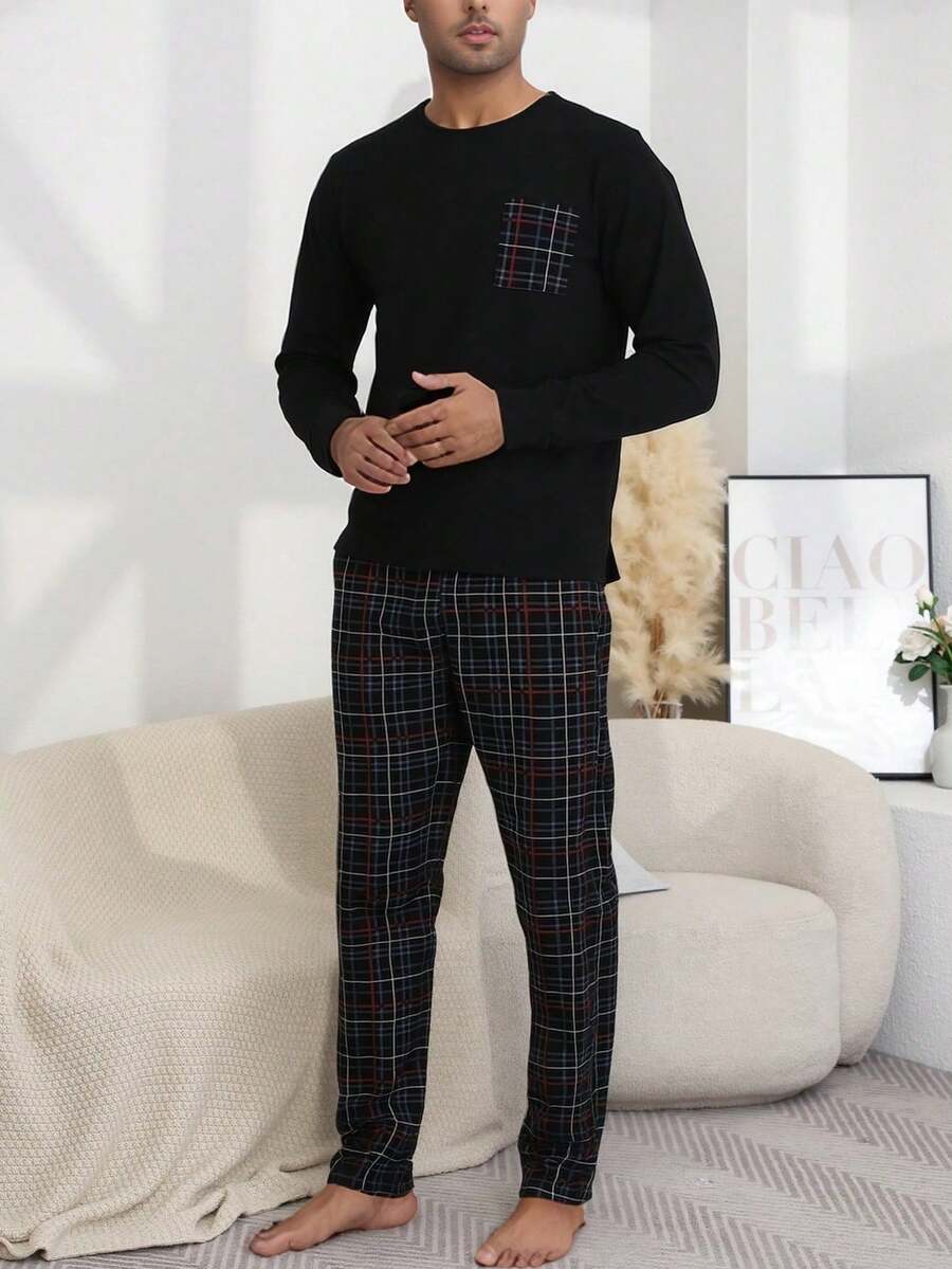 男士条纹印花圆领长袖上衣和裤子两件套睡衣,休闲舒适,适合春秋季穿着 - 彩色 - 查看 1