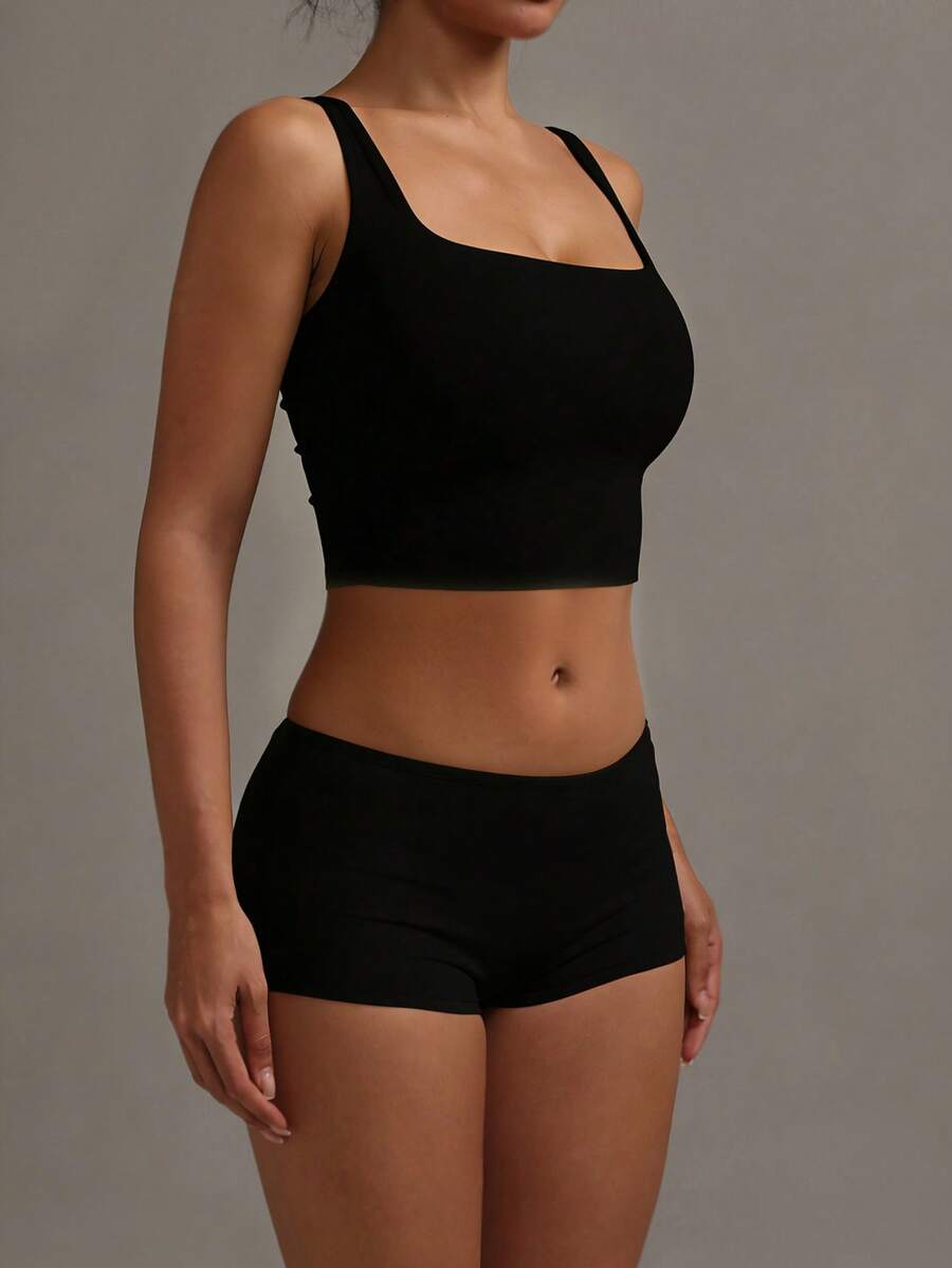XLLAIS Camiseta corta negra sexy, camiseta casual de ajuste ceñido con cuello cuadrado elástico y de moda para mujeres en verano - Negro - Ver 1