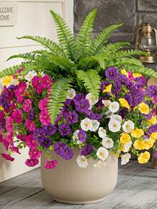6pcs High-End Artificial Persian Fern Plants With Colorful Floral Design, UV-Resistant Lifelike Greenery, Suitable For Home Decor, Porch, Windowsill, Planter, Indoor Garden, Yard Decoration - Multicolor - View 2
