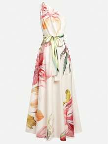 Temperament Women's Flower Pattern Slanted Shoulder Collar Long Skirt - 杏色 - 查看 3