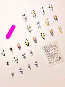 24Pcs/Set French Almond Shape Tie Dye White Base False Nails With 3D Golden Flower & Bead Decor, Full Cover Nail Tips Ladies & Girls, Party, Date, Vacation Press On Nails Nail Supplies Nails - 多色 4 - 查看 5