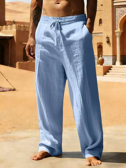 1 pieza Pantalones deportivos casuales sueltos y transpirables para hombres, de unicolor, pantalones negros de uso diario para hombres con cordón, pantalones de verano para hombres