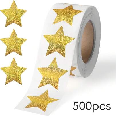 500张/卷 激光全息金色星星贴纸，装饰封口贴纸，适用于工艺品、剪贴簿、信封等剪贴簿用品