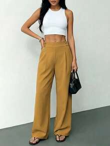 女士高腰阔腿裤，休闲弹力腰带纽扣细节长裤，带口袋，宽松舒适，商务休闲两相宜，适合日常休闲和通勤穿着。 - 黃 - 查看 4
