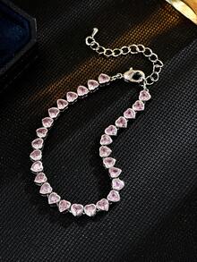 1pc Luxurious Copper Zirconia Inlaid Heart-Shaped Link Tennis Bracelet With Fashion For Women - 心型款 - 查看 11