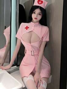 1pc Sexy Nurse Costume Mini Dress Set (Includes 1 Belt + 1 Headband), With Cross Logo, Suitable For Singles Party Pink - Pink - View 1