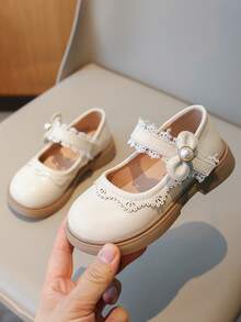 1 Pair Children's Flat Shoes With Pearl Trim, Round Toe Girls' Slip-On Leather Shoes - Beige - View 2