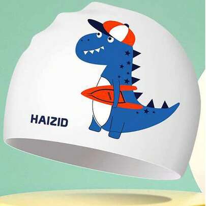 Cute Children's Silicone Swim Cap With Adorable Surfing Dinosaur Print, Made Of High-Quality Elastic Silicone For Comfortable Fit. Ideal For Pool Training, Water Park Play, Beach Vacation, And Summer Photos. Blocks UV, Prevents Sand Entry, And Protects Hair From Chlorine - An Essential Item For Kids' Water Activities!