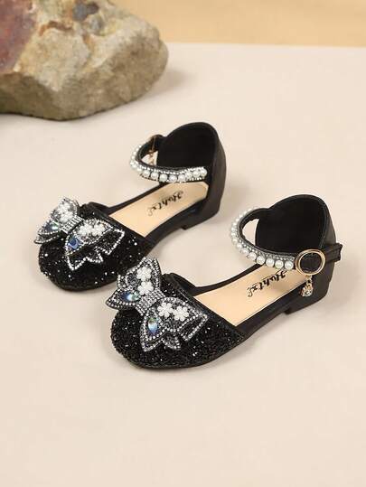 New Girls' Princess Sandals, Black Crystal Bow Pearl Peep Toe Shoes, Children Soft Bottom Non-Slip Shoes, Girls Party/Daily Dress Crystal Princess Shoes