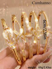 Camhanno 5/1pc Glamorous Delicate Copper Bangle Set, 5Pcs Stand-Out Stackable Piece With Inlaid Detail & Mixed Motif, Perfect For Commutes, Party Nights And Daily Wear, Ideal Gift For Fashion Enthusiasts And Dear Ones, Effortlessly Transitions From Desk To Dinner For Busy Professionals - Gold - View 7