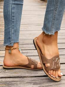 Sandal Datar Kasual Gaya Korea untuk Wanita, Ujung Terbuka, Sandal Roman Anyaman, Cocok untuk Musim Semi, Musim Panas, Pantai, Liburan, Dipadukan dengan Gaun, Cokelat - Coklat - View 5