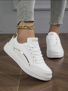 Ladies' Casual Sporty Skateboarding Shoes With Gold Decorative Details And Laces - Gold - View 8