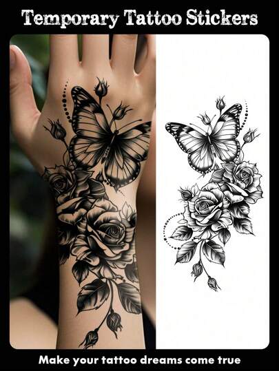 1张大号防水临时纹身贴纸，男女通用，蝴蝶玫瑰图案，可持续2-5天。可遮盖疤痕，适用于手臂、手腕、颈部、腰部、腿部、背部和脚部。使用方便，适合派对、节日和送礼。