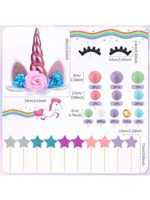 1 套/件 独角兽蛋糕装饰插牌，独角兽花朵蛋糕装饰，彩色泡沫球星星独角兽角，耳朵和睫毛派对蛋糕装饰，生日派对，洗礼派对，独角兽主题派对装饰，婚礼蛋糕装饰（请搭配托盘和白色木棍使用，请勿直接接触蛋糕） - 彩色 - 查看 6