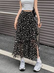 Asymmetrical Chiffon Ditsy Floral Skirt, Summer Plus Size High Waist A-Line Mid-Length Slit Skirt For Women Vacation Black - Black - View 3