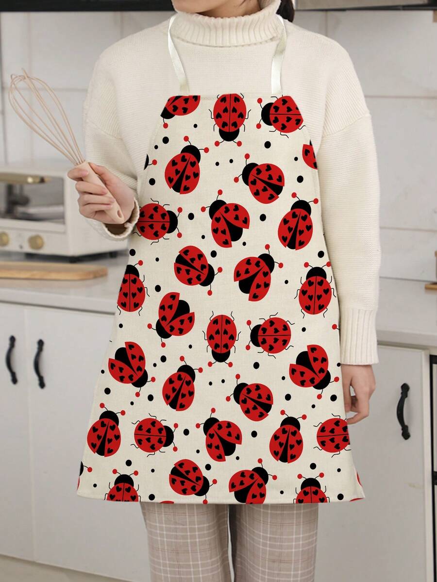 1件卡通瓢虫印花单面围裙，男女通用家用厨房系带围裙，家用烹饪防护围裙 - 彩色 - 查看 1