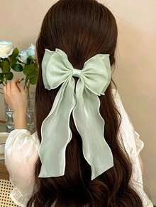 1pc Sweet Green Princess Mesh Super Big Bow Wave Ribbon Spring Clip, Elegant Soft Partial Hair Clip Hair Accessory For Spring,Summer,Holiday,Travel, Head Accessories, Claw Clips - Green - View 5