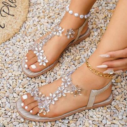 Teens' Flat Sandals, Summer School Style Rhinestone Transparent Open Toe Casual Sandals For Girl Students