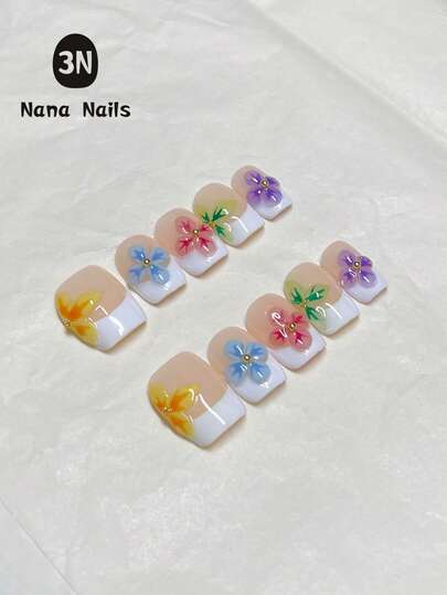 1Package/10Pcs Short Press On Nails, Girls Accessories Travel, Nail Supplies French Style Press On Nails With Multicolor Hand Carved 3D Floral Designs In Vibrant Yellow Blue Red Green And Purple Accented With Golden Beads For A Brightening Effect And Elegant Summer Manicure Perfect For Girls And Women Seeking Chic And Artistic Nail Art For Daily Wear Or Special Occasions