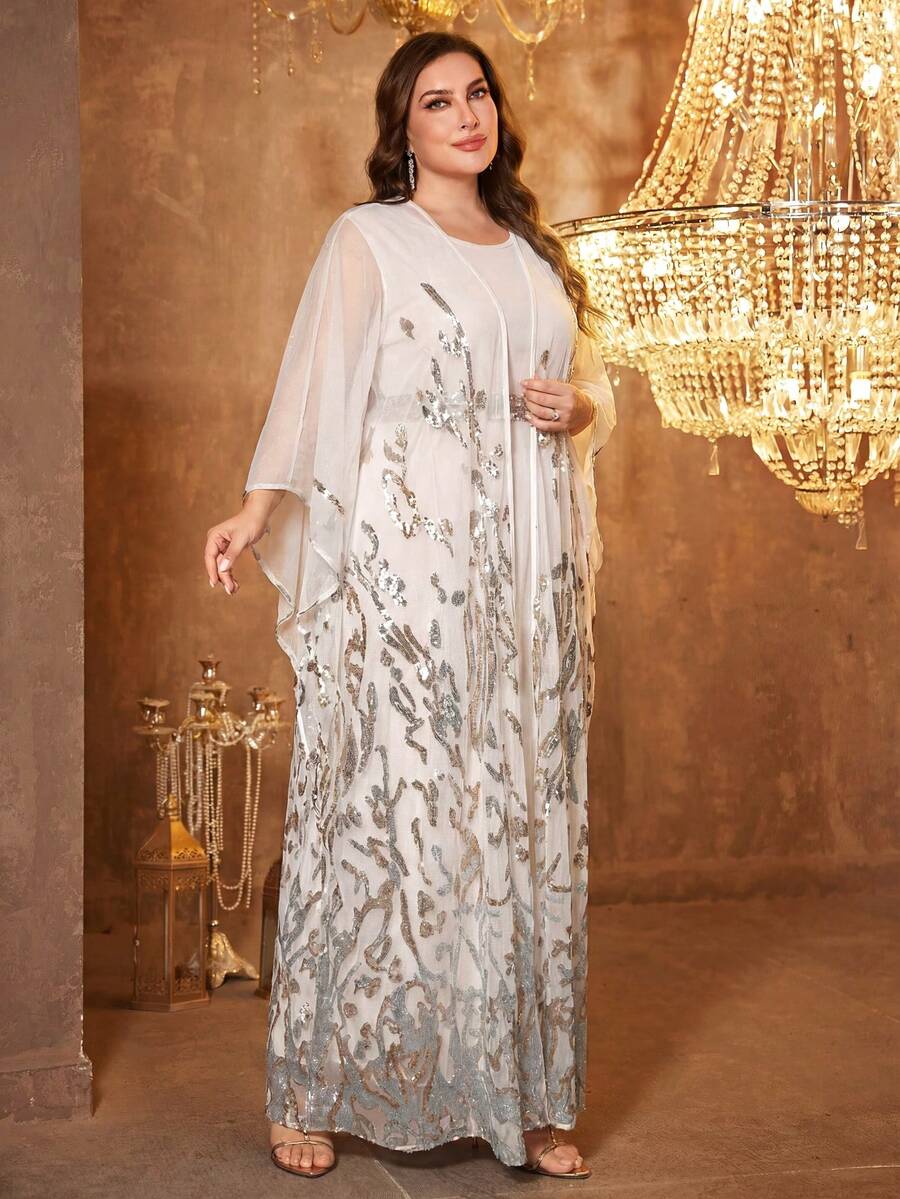 SUPGIR [Random Print] Plus Size Women Long Sleeve Reversible Waist Belt Sequin Patchwork Evening Dress Vacation Spring - Apricot - View 1