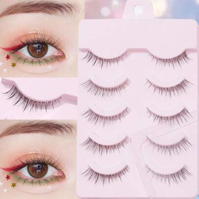 5 Pairs Natural Looking Faux Eyelashes, Lengthening & Curling, Transparent Stem, Suitable For Daily Wear, Dates, And Various Occasions