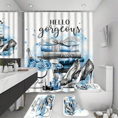 1/4 st flickors blå duschdraperiset, silver mode grå blå grön blommig parfym höga klackar rosett tidskrift böcker blommig elegant badrumsdraperiset, badrumsdekorationstillbehör för damer och flickor