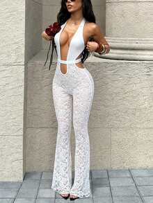 Women's Deep V-Neck Lace Jumpsuit, Sexy White Summer Elegant - White - View 3