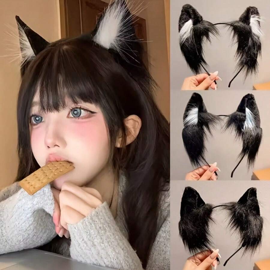 Black Cute Cat Ear Headband, Inspired By Wolf And Fox, Fluffy & Washable, Cosplay Prop, Anime Lover Halloween Gift - Multicolor - View 1