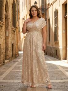 YISIKADO Plus Size Women Sequin V-Neck Evening Party Dress, Elegant Formal Prom Gown, For Wedding Guest, Graduation, Dinner - Champagne - View 4