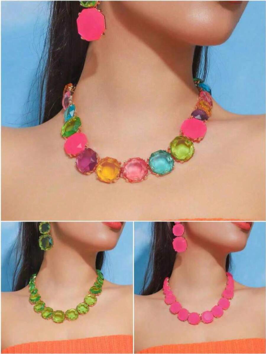 Bộ 3 món - Dây chuyền kim loại kiểu càng cua với đá quý giả nhựa, thiết kế bất đối xứng và phóng khoáng, bộ dây chuyền và bông tai sang trọng dành cho nữ, mùa hè (Lỗi nhỏ) - bộ 3 dây chuyền và bông tai - Xem 1