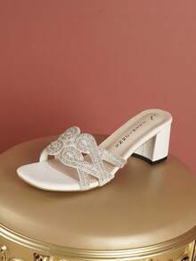 Women's Solid Color Glamorous PU Leather Rhinestone High Heel Sandals, Square Toe Chunky Low Heel Slip-On Shoes For Party, Spring/Summer - White - View 3