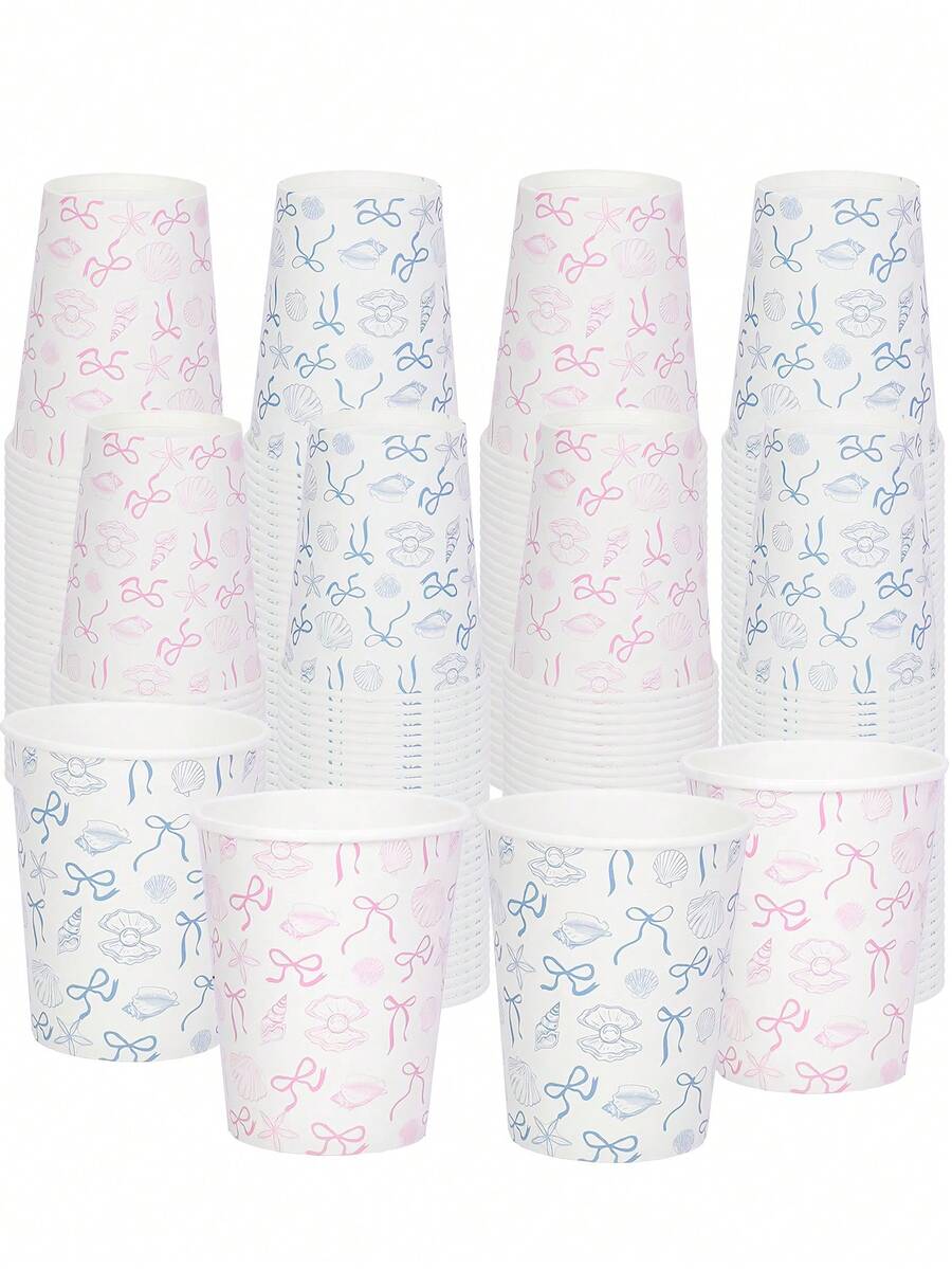 10个/20个/40个装粉蓝一次性纸杯，粉蓝贝壳蝴蝶结纸杯，Coquette海洋主题饮水杯，适用于美人鱼生日派对、海滩婚礼、迎婴派对、夏季泳池派对，男女皆宜 - 多色 - 查看 1