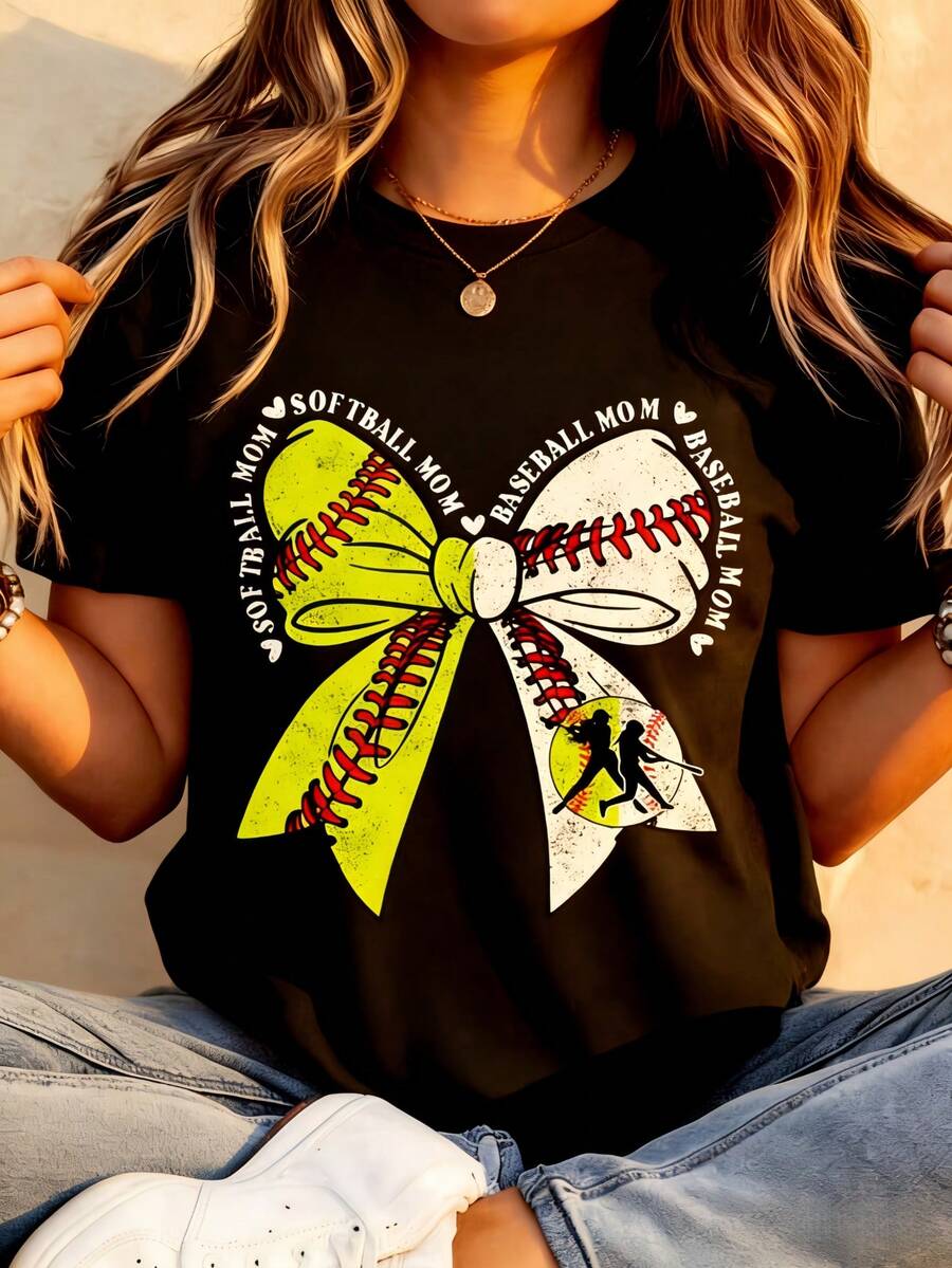 CHICLY19 100% Cotton Coquette Bow Softball & Baseball Mom Graphic T-Shirt, Women's Casual Short Sleeve Crew Neck Tee, Distressed Sporty Print Top, Perfect For Game Day, Practice, Family Outings & Daily Wear, Ideal Gift For Sports Moms, Softball Lovers & Baseball Enthusiasts, Preppy Aesthetic, Comfortable & Breathable Fabric, Black, Plus Size Available Baseball Shirt Women Women Summer Clothes - 黑色 - 查看 1