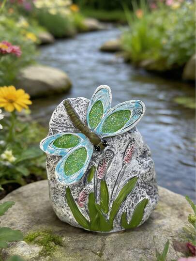 Glitter Dragonfly Resin Garden Stone Decor, Outdoor Lawn Patio Yard Ornament, Hand-Painted Dragonfly Rock Statue For Garden Backyard Stream Side, Decorative Animal Figurine Gift For Garden Lovers