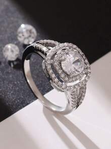 1 chiếc nhẫn tròn đính đá Cubic Zirconia lấp lánh cổ điển, phù hợp cho nữ, có thể dùng làm quà tặng Ngày Valentine, quà cưới, quà đính hôn, quà kỷ niệm, phụ kiện dự tiệc, quà tặng Ngày của Mẹ. - Bạc - Xem 4