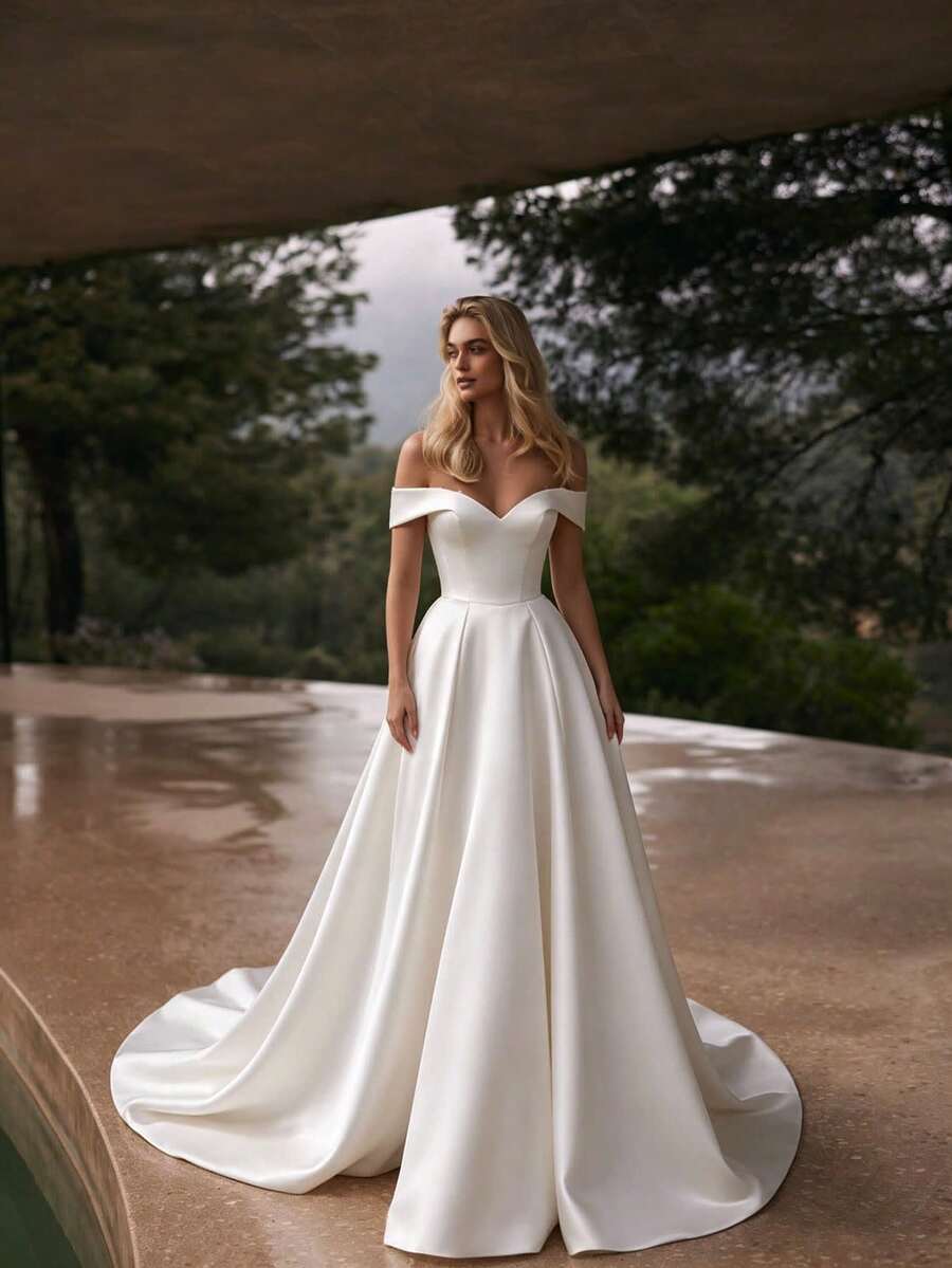 Women's Elegant White Satin Off-The-Shoulder Ball Gown Wedding Dress, Luxury Bridal Gown With Corset Bodice, Formal A-Line Princess Wedding Dress For Bride, Classic Sleeveless Floor-Length Bridal Gown With Train, Timeless Minimalist Wedding Attire For Wedding Ceremony, Engagement Photoshoot, Prom, Evening Party, Formal Event, Garden Wedding, Spring Summer Fall Winter All Season Bridal Wear, Satin Fabric, Off-The-Shoulder Sweetheart Neckline - 白色 - 查看 1