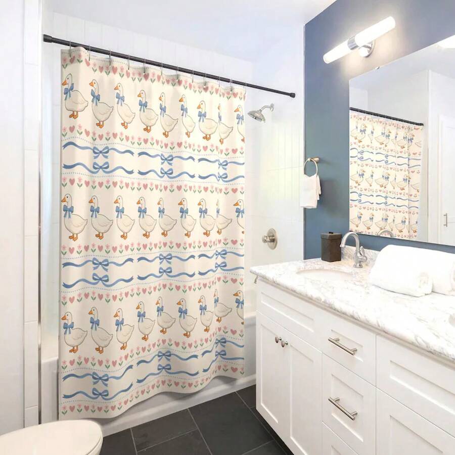 1 Piece Coquette Goose Shower Curtain Unique Bathroom Decor Housewarming Apartment Cream Blue Bow Softgirl Cottagecore Floral Flower Farm Animal,High Quality Decor Shower Curtain, Polyester Fabric,With Plastic Hooks, Multiple Size 120*180cm-180*180cm,The First Choice For Gift-Giving,A Must-Have For Home Decoration - A - Xem 1