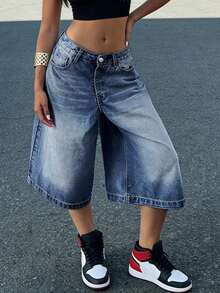 Quần short denim nữ cạp thấp, kiểu dáng suông, quần Bermuda ống đứng, đa năng cho trang phục hàng ngày mùa hè. - Rửa tối - Xem 4