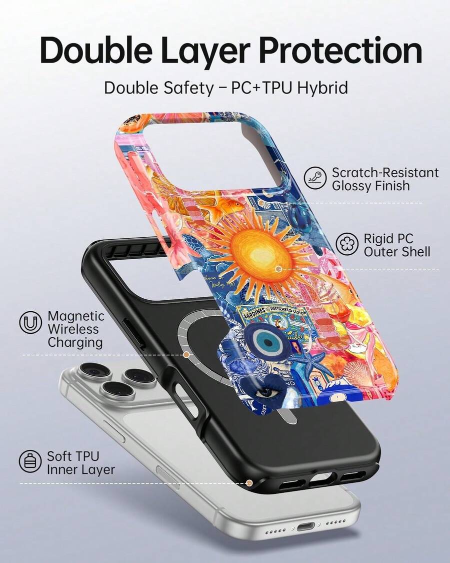 For  17 Pro Max Case, Sun Evil Eye Collage Aesthetic Phone Case, Compatible With Magsafe,  Vintage Summer Fruit Starfish European Slim Shockproof Protective Women Girl Cover  13 Pro Case Phone Case  14 Phone Case  15  16 Pro Max Case - đơn sắc - Xem 1