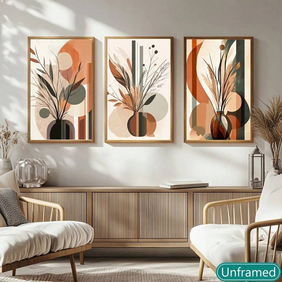 3pcs Modern Abstract Potted Plant Canvas Triptych, Frameless Wall Art In Muted Tones For Living Room, Bedroom Decor, Contemporary Geometric & Botanical Design Posters, Wall Decor - 111 - View 1