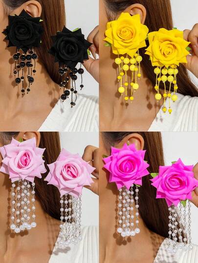 imoli 1 Đôi bông tai tua rua ngọc trai giả hình hoa hồng phong cách Bohemian bằng polyester, thích hợp làm quà tặng cho phụ nữ trong kỳ nghỉ biển (Làm thủ công, có thể điều chỉnh kích thước, số lượng hạt tua rua khác nhau, vẽ tranh sơn dầu thủ công, có sự khác biệt giữa các lô hàng)