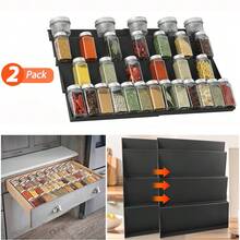 Expandable Spice Drawer Organizer, 4 Tier- 2 Set Drawer Seasoning Organizer, Kitchen Spice Rack Tray For Drawer/Countertop Black - 查看 4