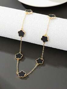 1 pieza Collar colgante de trébol de cinco hojas elegante y vintage, que combina el estilo europeo y americano, regalo para el Día de San Valentín, Día de la Madre - Negro - Ver 2