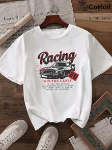 Women's Slim Fit Round Neck Short Sleeve T-Shirt, Retro Inspirational Fun Victory Race Pattern, 100% Cotton. - White - View 9