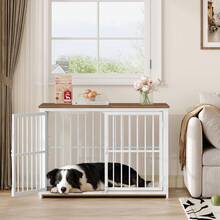 HaluPeit Möbel, 100cm Hundebox für Zuhause mit 3 Türen, 100x60x70cm, Hundebox Holz Indoor, Beistelltisch, Hundekäfig Hochbelastbar, für Mittelgroße bis Große Hunde, Vintagebraun und Weiß - weiß braun - Übersicht 1