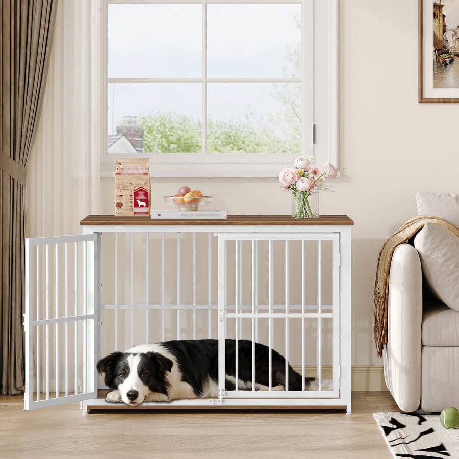HaluPeit Möbel, 100cm Hundebox für Zuhause mit 3 Türen, 100x60x70cm, Hundebox Holz Indoor, Beistelltisch, Hundekäfig Hochbelastbar, für Mittelgroße bis Große Hunde, Vintagebraun und Weiß - weiß braun - Übersicht 1
