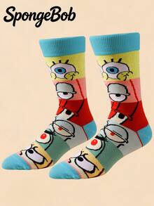 SpongeBob SquarePants 1 par de calcetines casuales de media pantorrilla con patrón de ojo de dibujo animado y bloques de color para mujeres, calcetines deportivos de moda para todas las estaciones - Multicolor - Ver 1