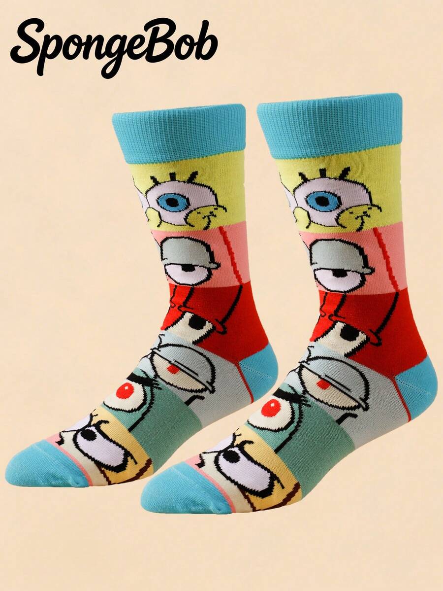 SpongeBob SquarePants 1 par de calcetines casuales de media pantorrilla con patrón de ojo de dibujo animado y bloques de color para mujeres, calcetines deportivos de moda para todas las estaciones - Multicolor - Ver 1